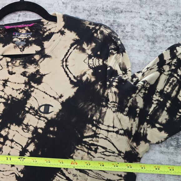 Champion Shirt Womens Large Black Tan Tie Dye Long Sleeve Crewneck Grunge Bleach - Picture 5 of 9